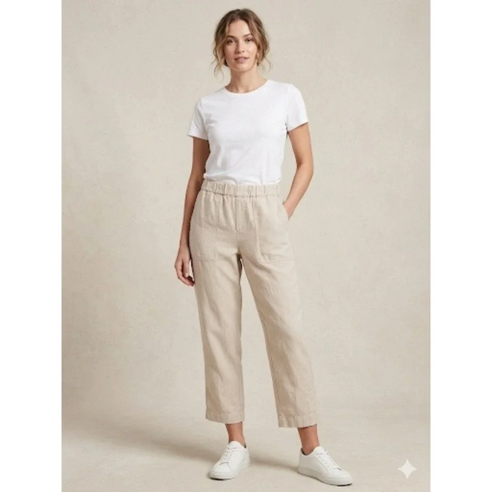 Banana Republic Utility Pants Women XS Beige Linen Blend Relaxed Crop Trousers